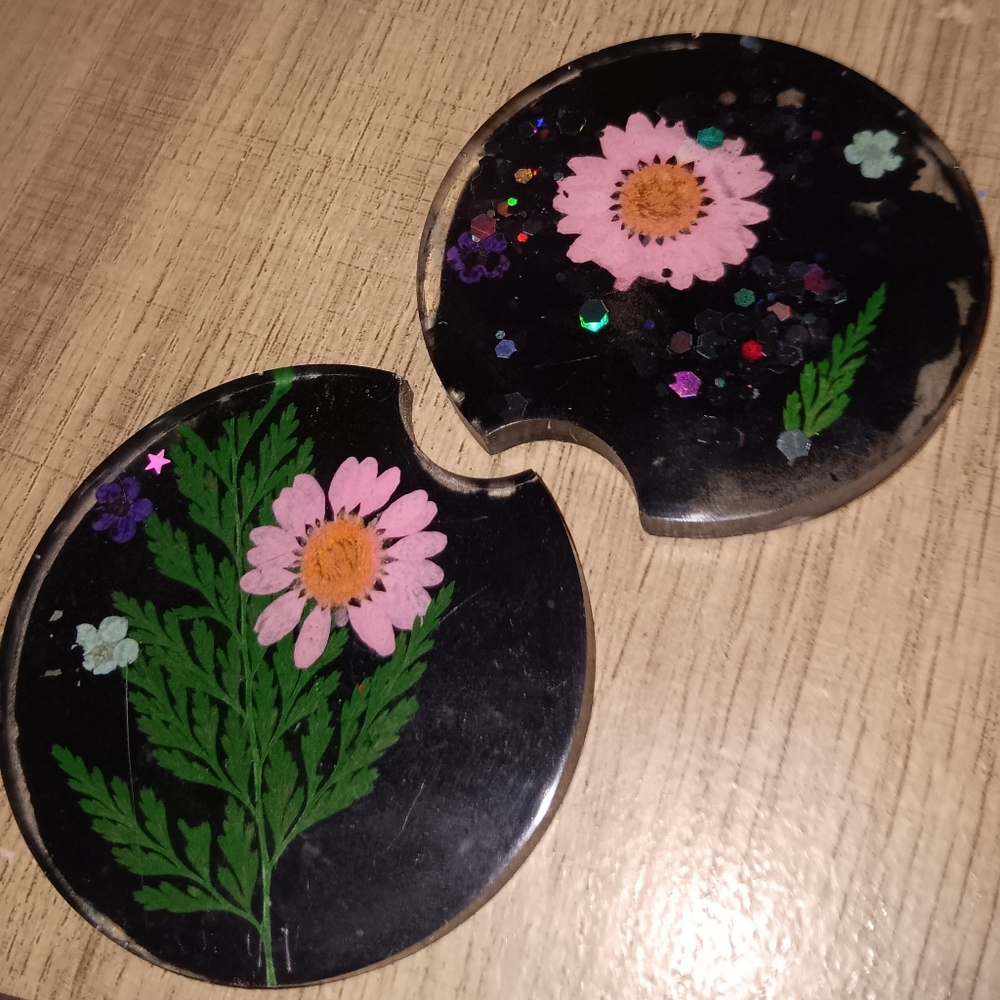 Handmade Pink Daisy Resin Car Coaster Set